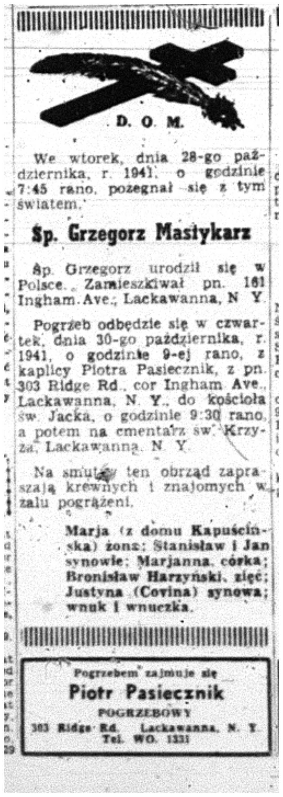 1941 Grzegorz Mastykarz 29 Oct Dniennik